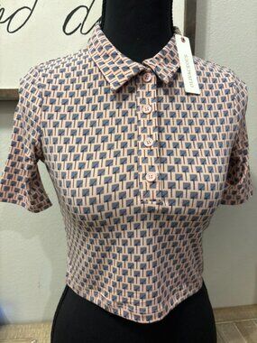 Olivaceous Pink Grey Short Sleeve Collared Button Detail Printed Crop Top